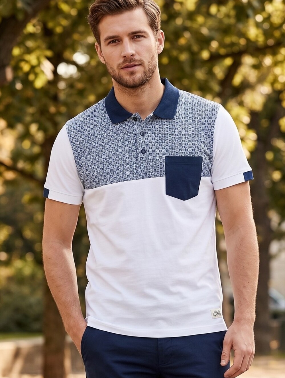 Jack & Jones White and Navy Patterned Yoke Polo